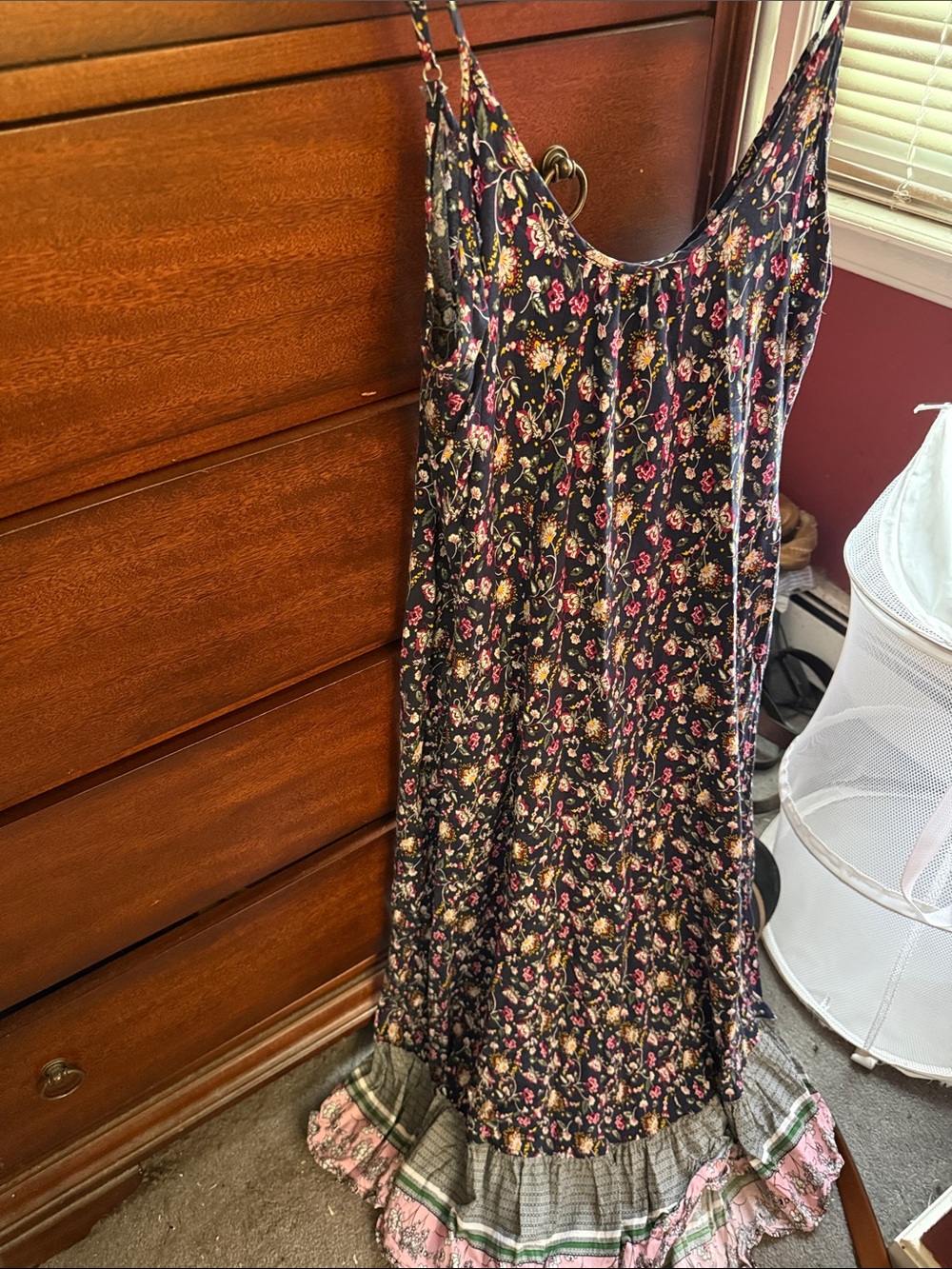 Blue Floral Maxi Slip Dress with Pink and Yellow Accents